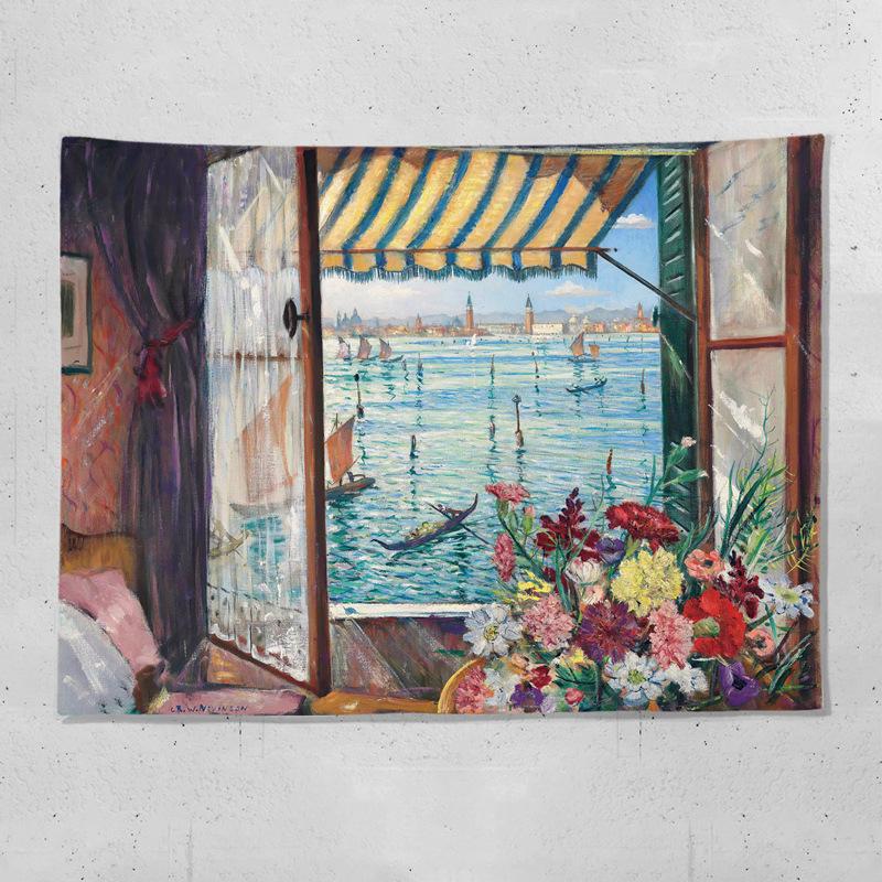 Oceanview window backdrop fabric digitalprinted polyester tapestries living rooms bedrooms macrame wall hanging room decor