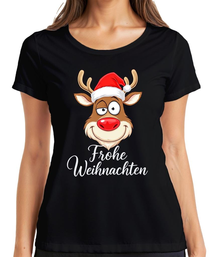 Merry Christmas Reindeer Rudolph Santa Hat Funny Cartoon Ladies TShirt