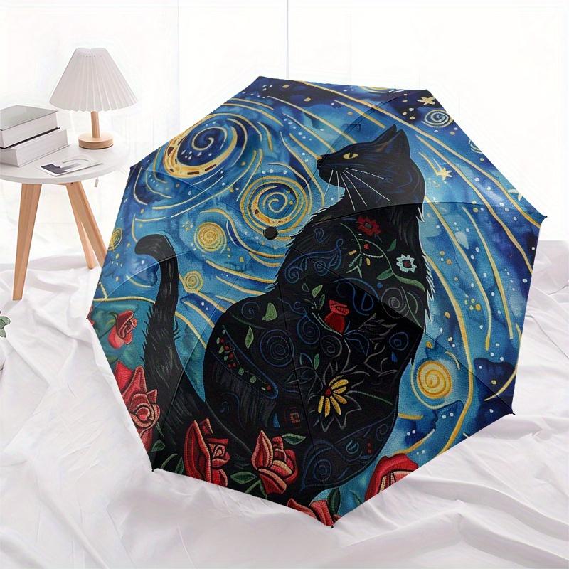 Starry Night Cat Round Rug - Celestial Floral CarpetUmbrella, Portable 3-Fold Compact Umbrella,Christmas Gift ES543