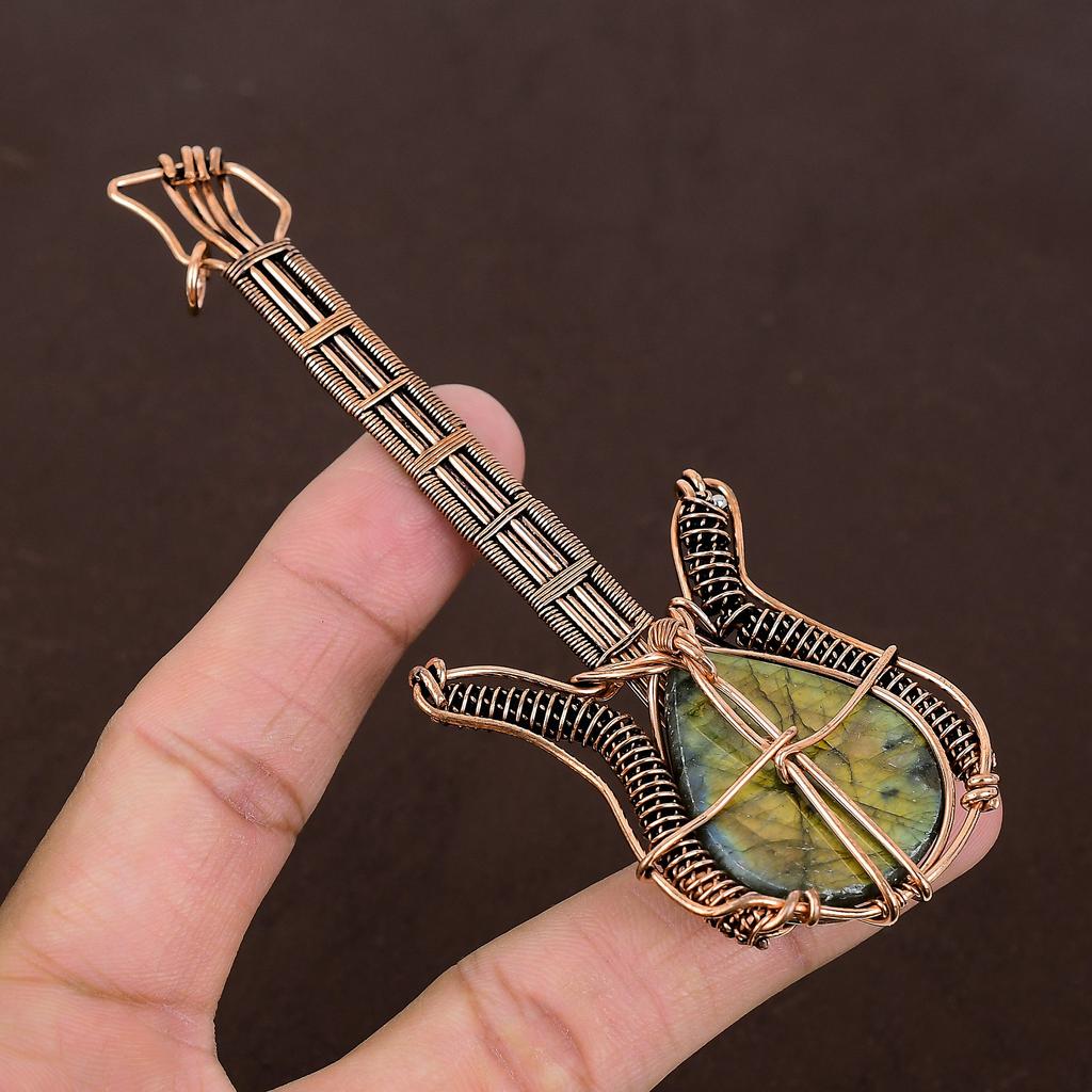 Natural Labradorite Gemstone Handmade Copper Wire Wrap Guitar Pendant 4.53" L9k80