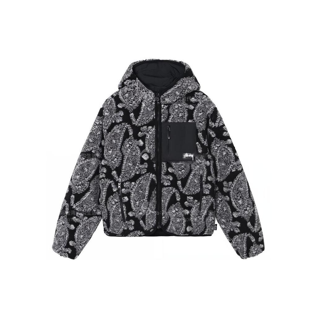 Stussy FW21 Cashew Flower Fleece Hooded Logo Jacket Unisex Jacket Black 118452