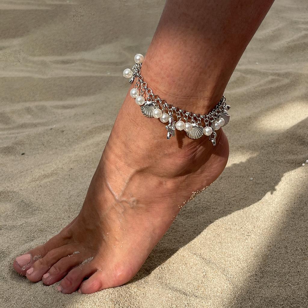 Ocean Vacation Style Starfish Scallop Shell Anklet, Bohemian Stacked Imitation Pearl Beaded Feet