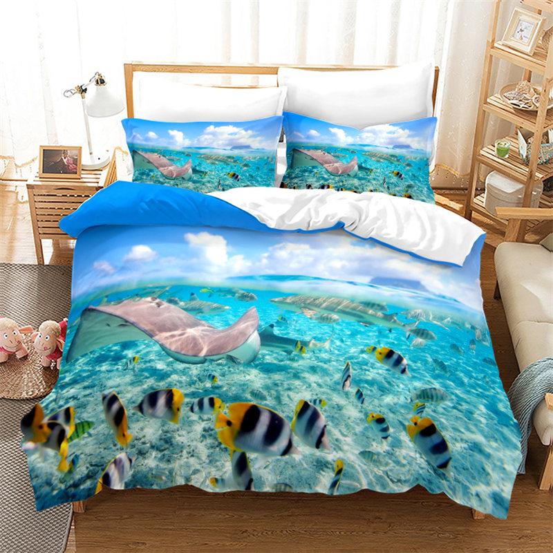 Cartoon Ocean Fish Duvet Cover Microfiber Marine Theme Bedding Set Sea Underwater World Quilt Cover Queen For Boys Girls