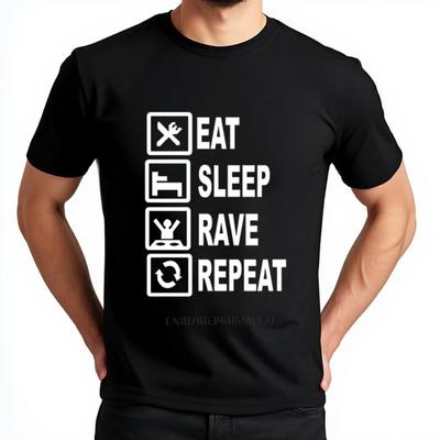 Men's Funny Eat Sleep Rave Repeat Graphic Cotton T-Shirt Crew Neck Casual Tee Couple Streetwear