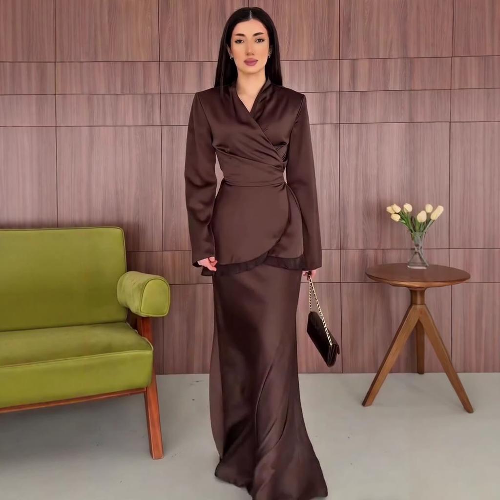 autumn new European and American Amazon cross-border V-neck temperament solid color long skirt long coat two-piece set
