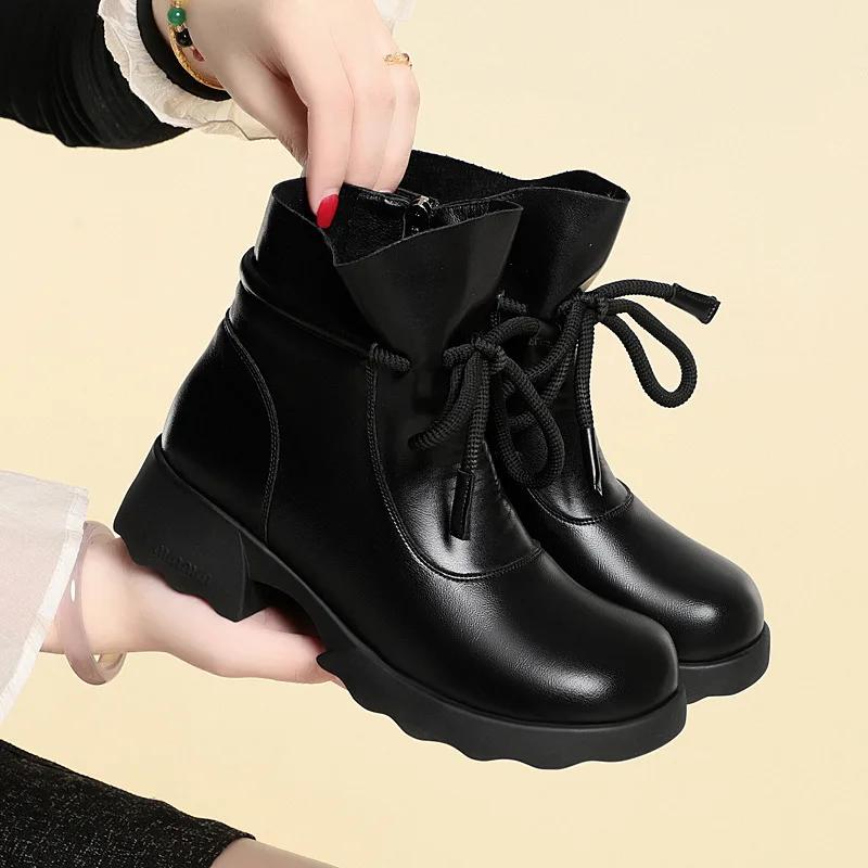 4cm British Style Soft Leather Shoes Women's Snow Boots Platform Winter 2025 Square Heels Warm Fur Ankle Boots for Office Mom