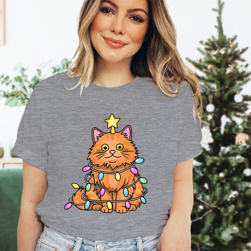 

Womens Christmas Tshirt Festive Lights Cat Kawaii Cartoon Tshirt Female Cute Animal Lover Gift for Christmas Classic Tshirts S