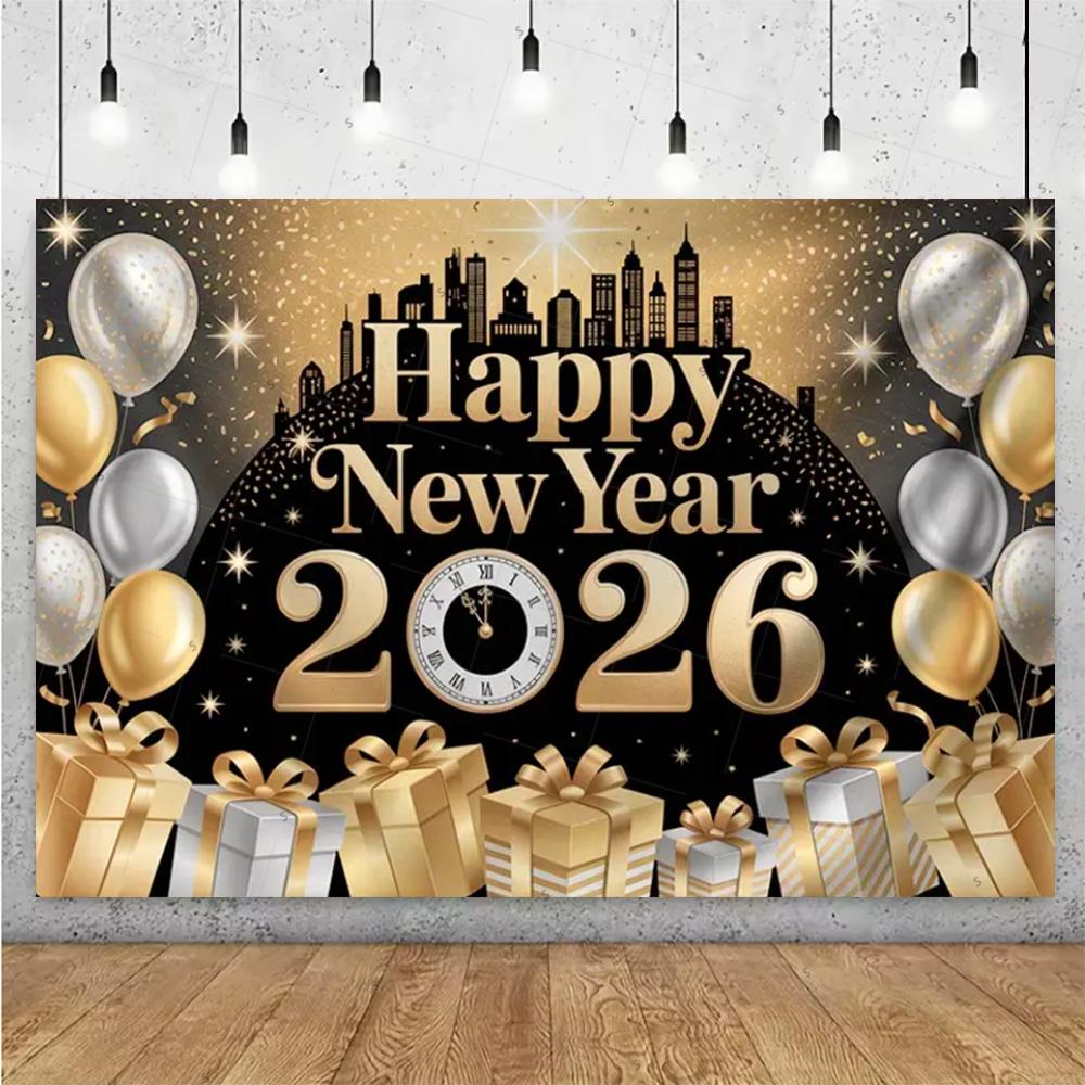 

Glittering 2026 Happy New Year Backdrop Supplies Firework Ribbon Balloon Background New Year Party Decoration Photo Shoot Props 120X90CM