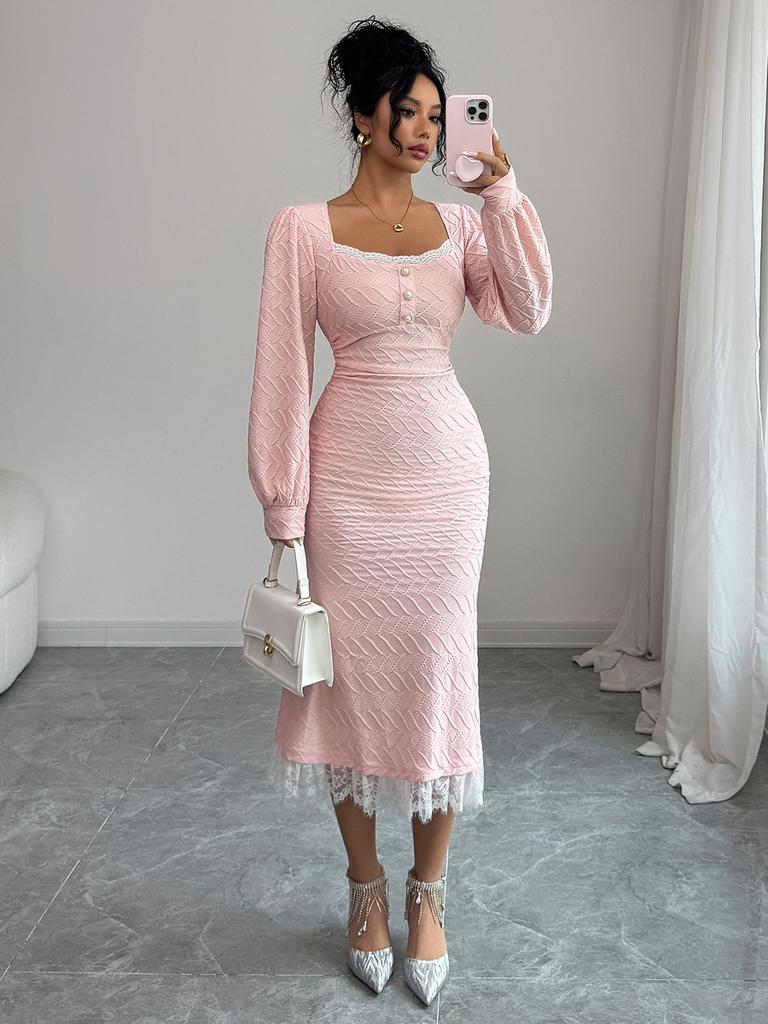 Elegantes Windknopf Langarm Bodycon Maxi Kleid für Damen Herbst/Winter