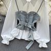 Koreanische Serie Tragen Alter-Reduzierung Set Retro Denim Cami Gestapelt Alle-Matching Puff Sleeve Shirts Zwei-stück Set Top