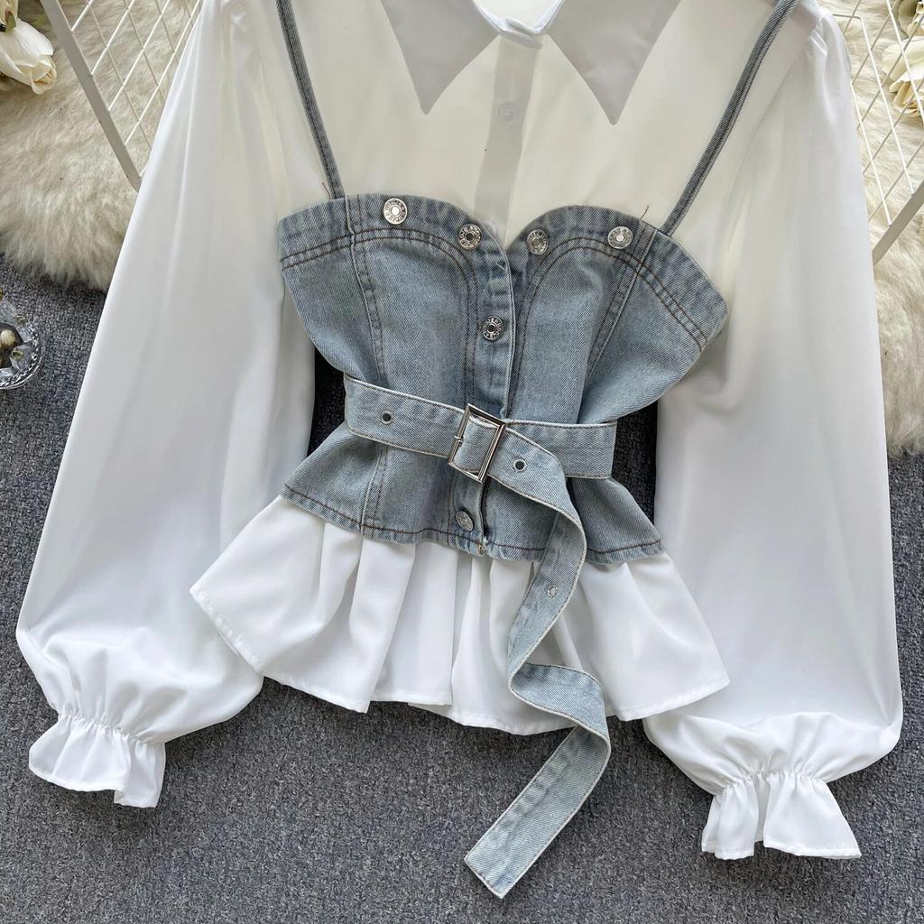 Koreanische Serie Tragen Alter-Reduzierung Set Retro Denim Cami Gestapelt Alle-Matching Puff Sleeve Shirts Zwei-stück Set Top