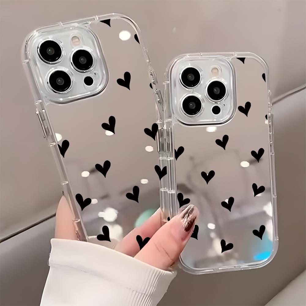 Minimalist Heart Pattern Mirror Soft Phone Case For iPhone 11 12 13 14 15 16 17 Pro Max Air X XR XS 7 8 15 Plus Shockproof Cover