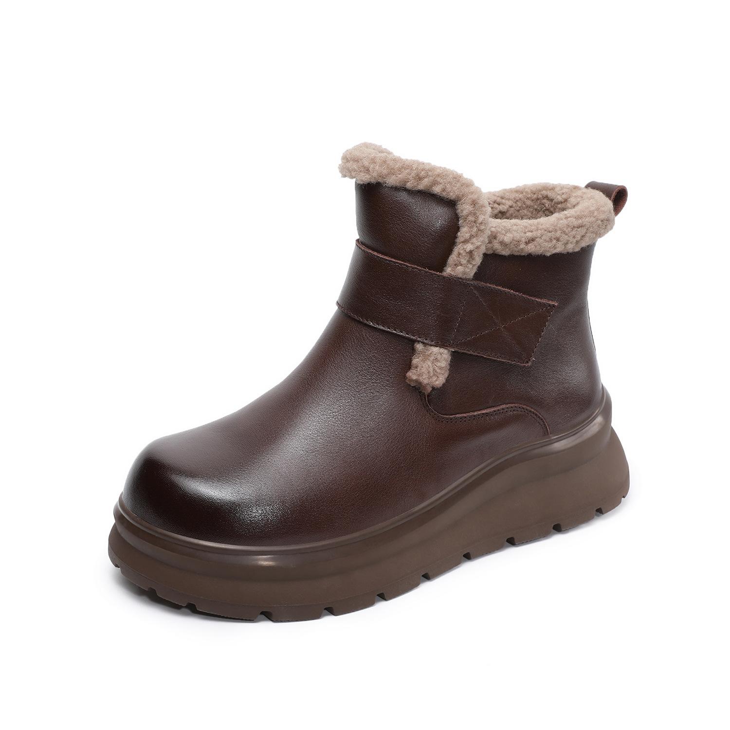 

Johnature Женская обувь из натуральной кожи, плюшевые теплые туфли с круглым носком, мягкая подошва, противоскользящие и удобные короткие ботинки 40 коричневый