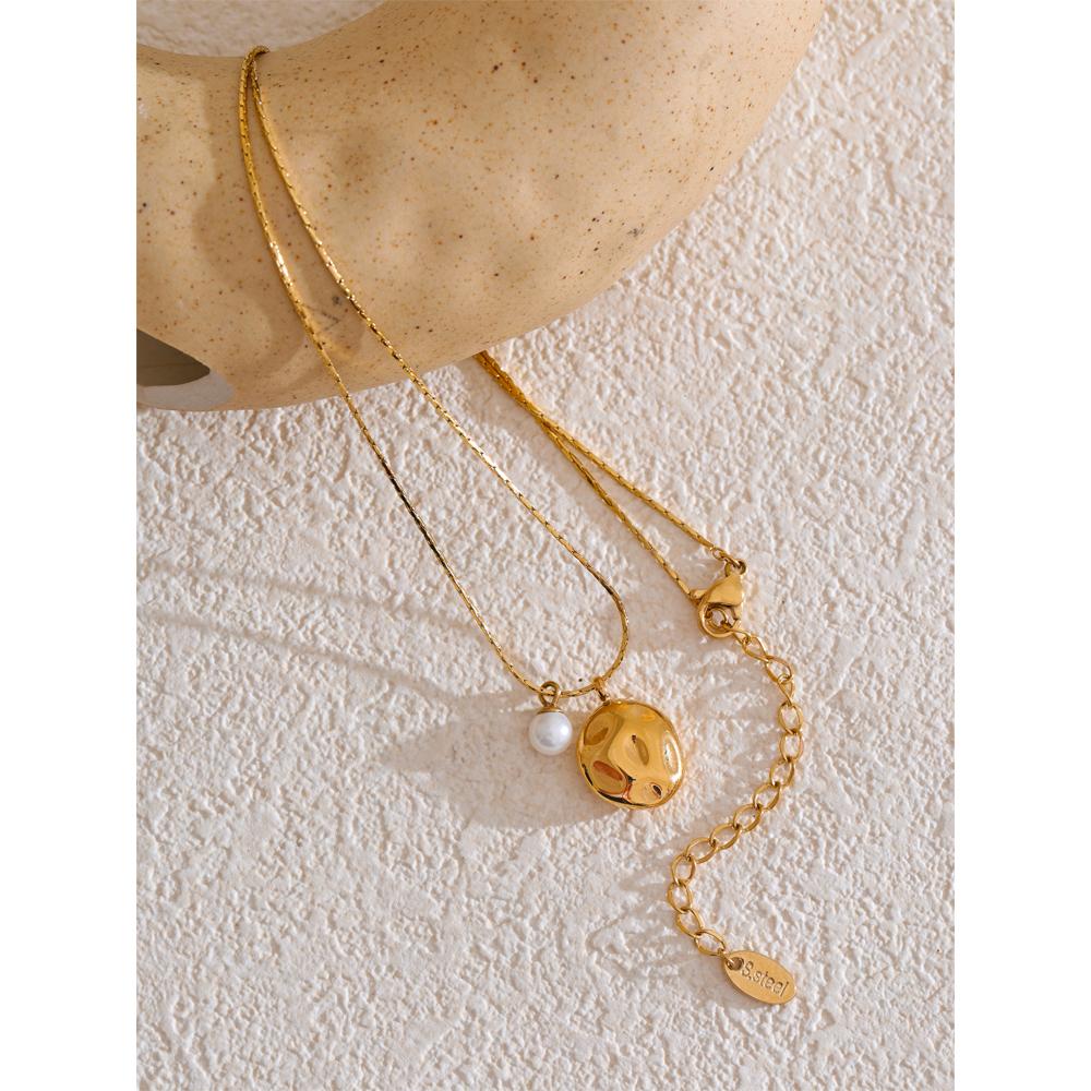 Yhpup Trendy Stainless Steel Metal Hammer Natural Pearl Fashion Pendant Necklace for Women 18K Gold Color Plated Collar Jewelry