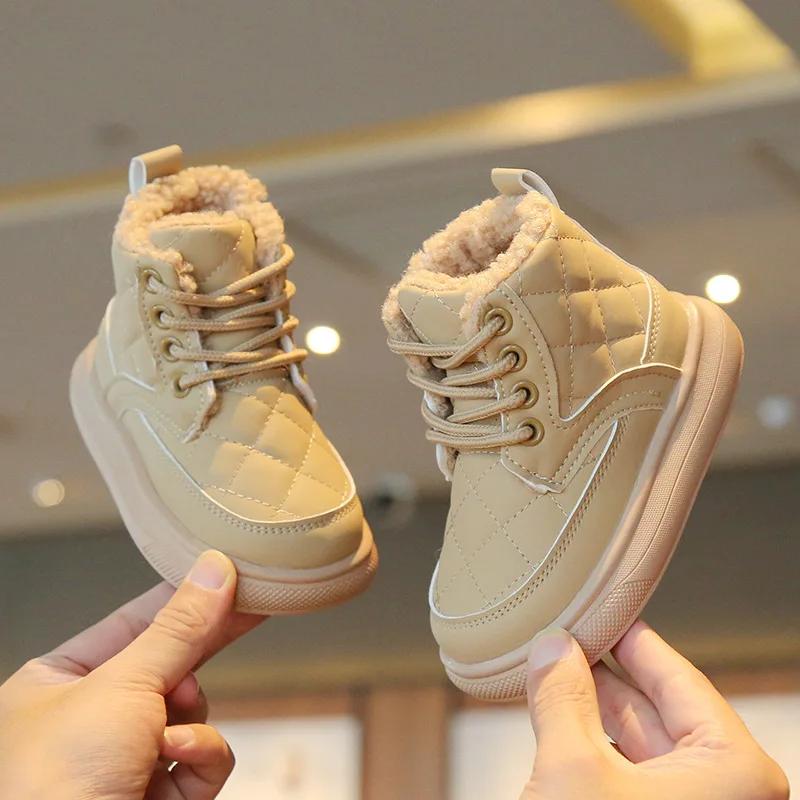 Boys Girls Ankle Boots with Side Zipper Children Short Boots with Fur 2024 New Fashion Kids Warm Boots Non-slip Solid Color