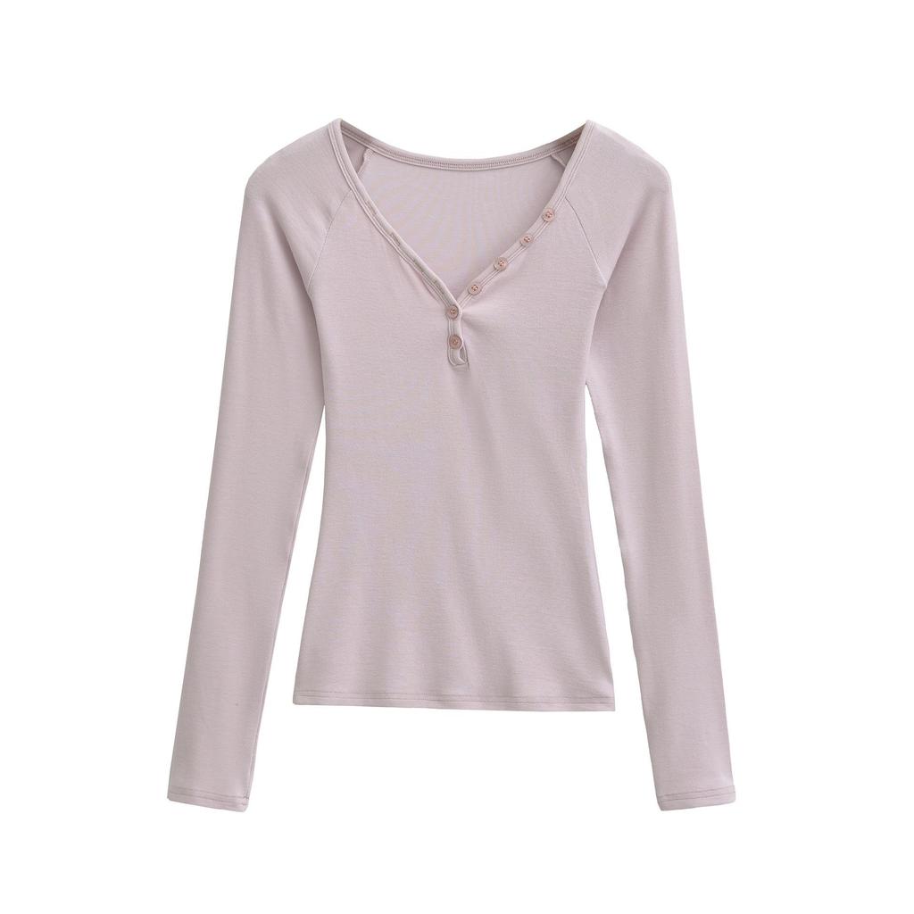 Spicy Girl Cashmere Heart Neck Slim-Fit Button-Up T-Shirt for Autumn/Winter 2025