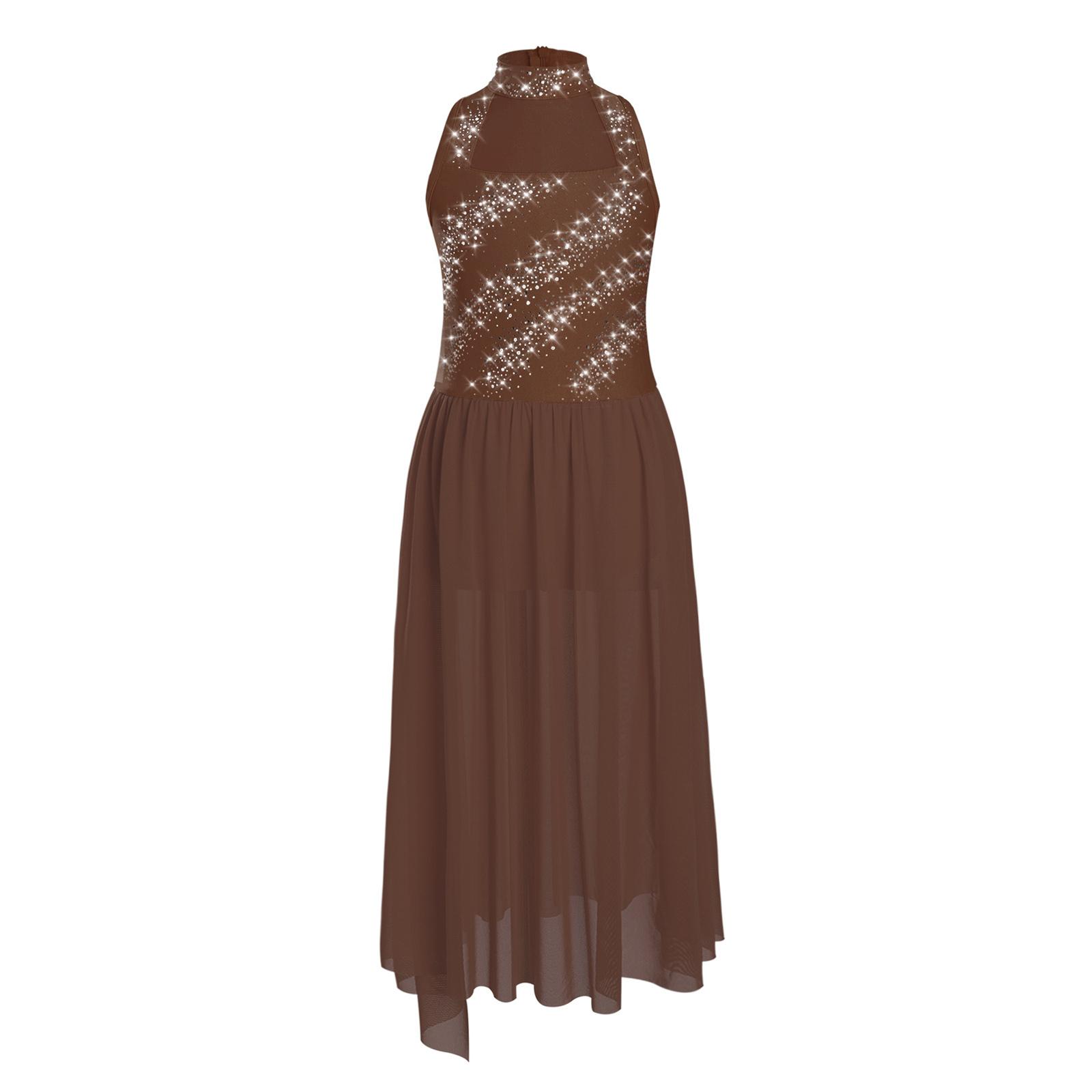 

Girls Shiny Rhinestone Lyrical Dance Dress Sleeveless Mock Neck Side Split Stage Performance Costume