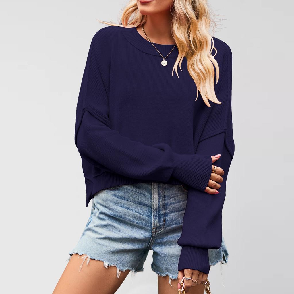 Women's Solid Striped Fashion Round Neck Knitwear Loose Pullover Sweater