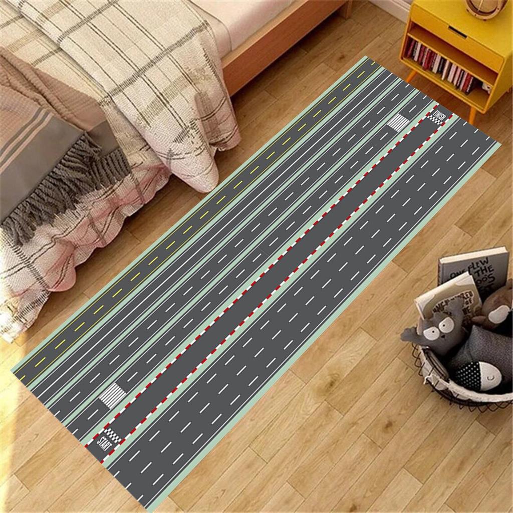 Race Track Themed Runner Rug Non Slip Hallway Carpet for Boys Bedroom Living Room Asphalt Road Pattern Durable Floor Mat Decor