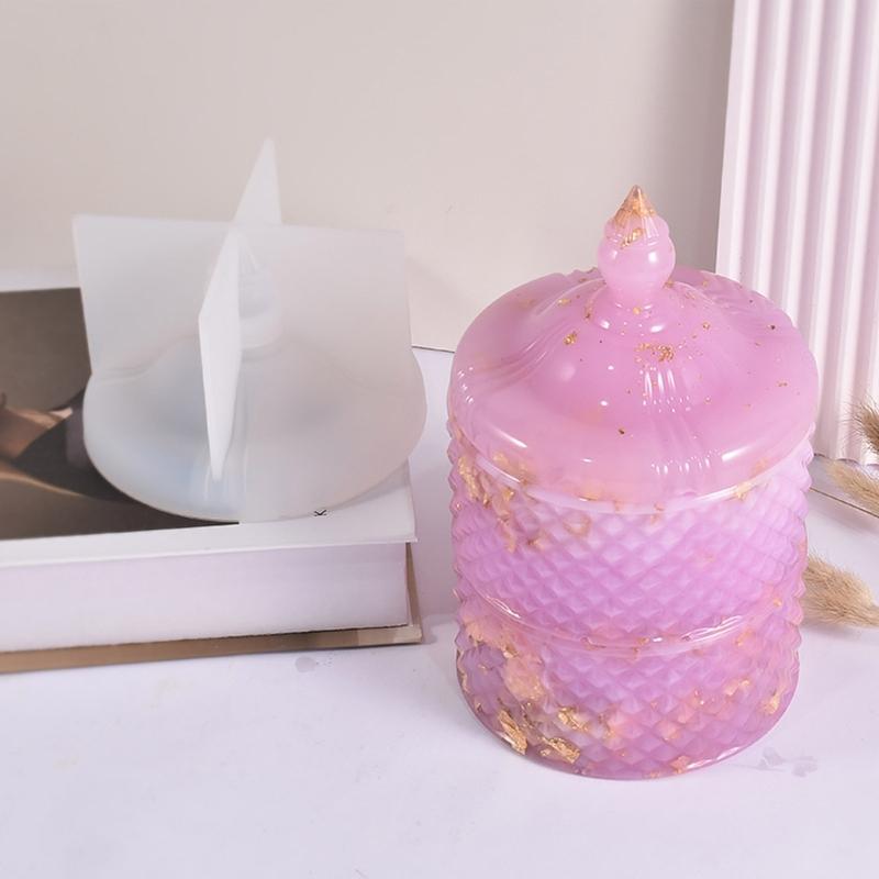 Resin Jar Silicone Molds with Lid Rhombic Striped Jewelry Box Silicone Molds for Candle Cup Jewelry Box Home Decoration