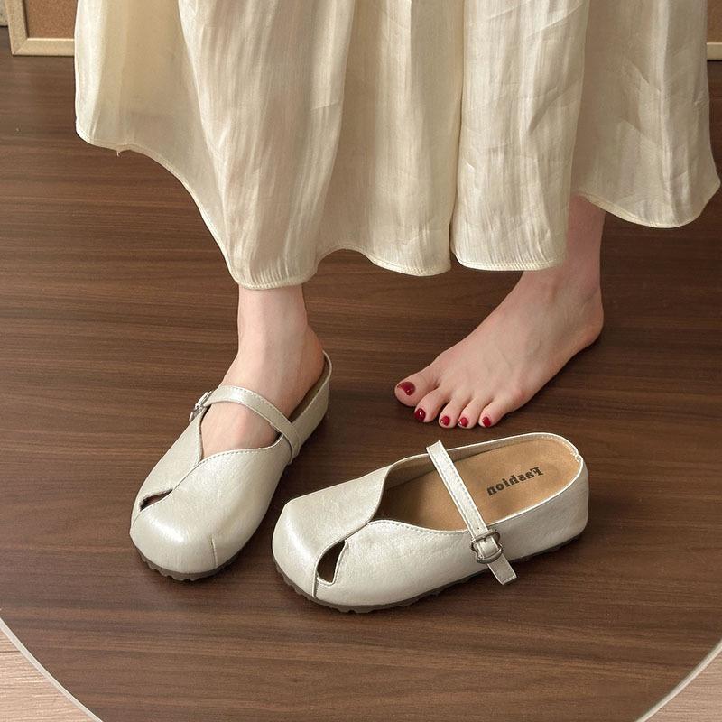 French Retro Mary Jane Single Shoes Women's 2025 New Summer Versatile Flat Bottom with Skirt Soft Sole Bean Half Slippers