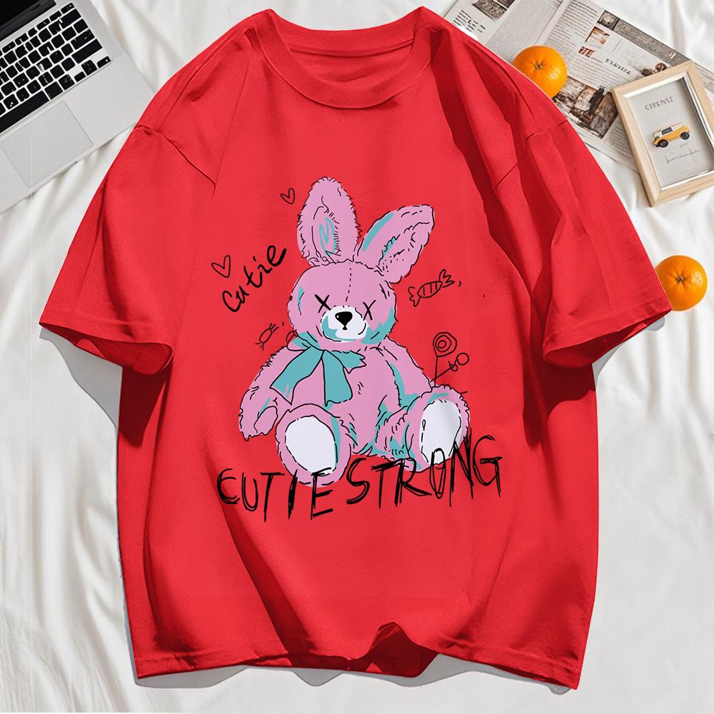 Lovely Plush Doll Rabbit Print Mens T-Shirt Cotton Short Sleeve Summer Loose Casual T Shirt Soft Clothes