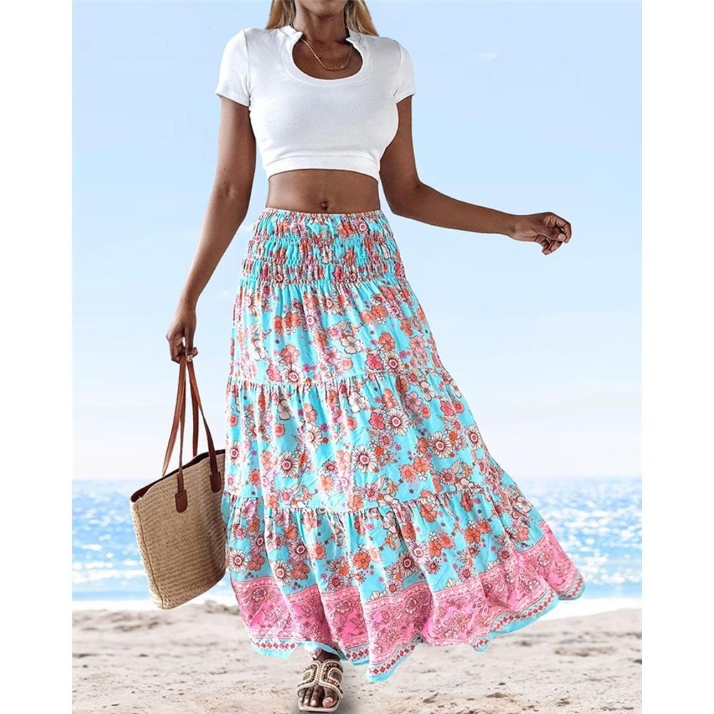 Women's Summer Elastic Waist Loose Long Printed Skirt