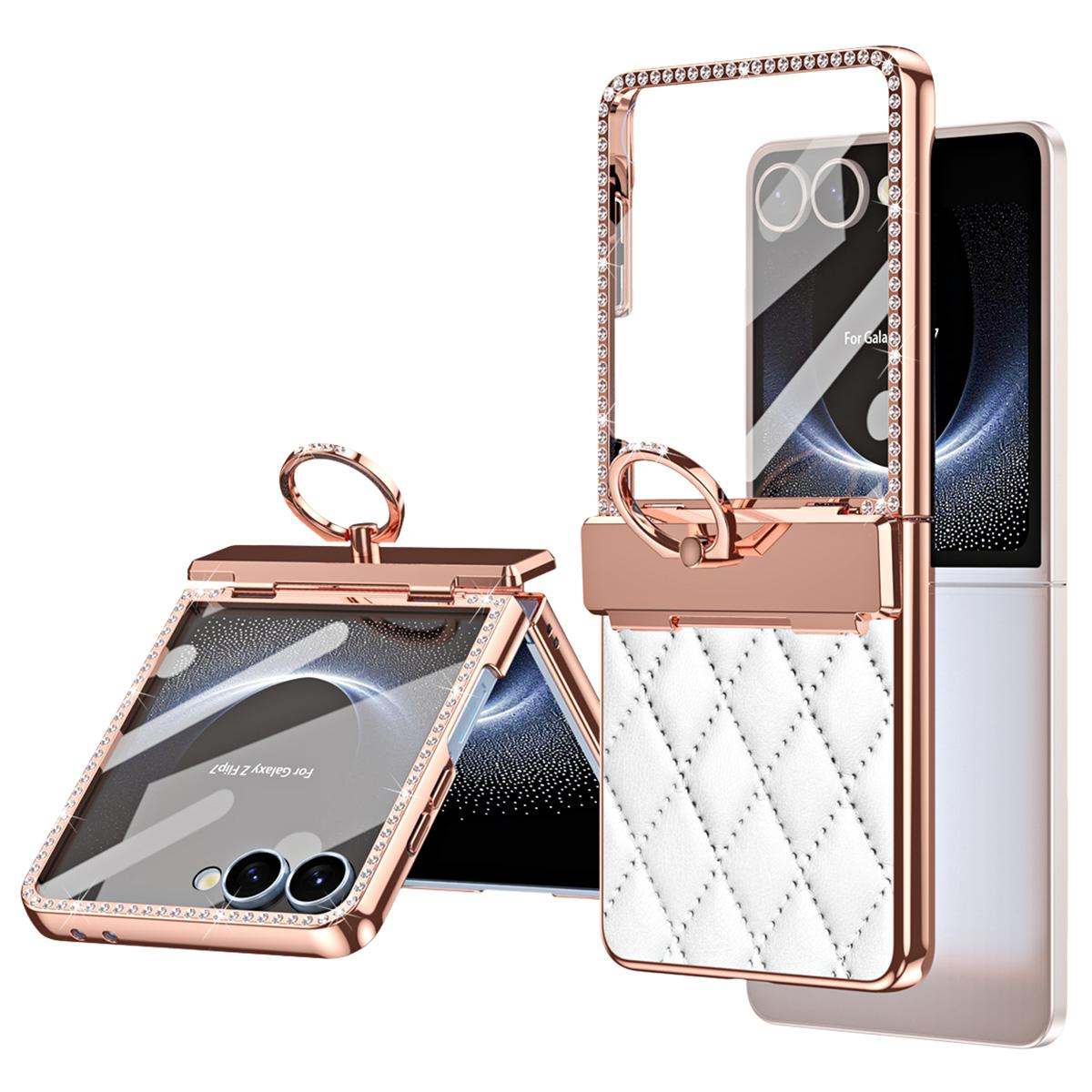 

For Samsung Galaxy Z Flip7 5G Case Ring Holder Rhinestone Leather+PC Cover with Rear Screen Film White