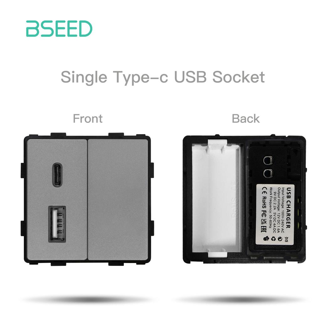 BSEED Mechanical Button Switches TV ST RJ45 Internet CAT5/6 Sockets EU French USB-C Wall Power Socket Glass Frames DIY Parts