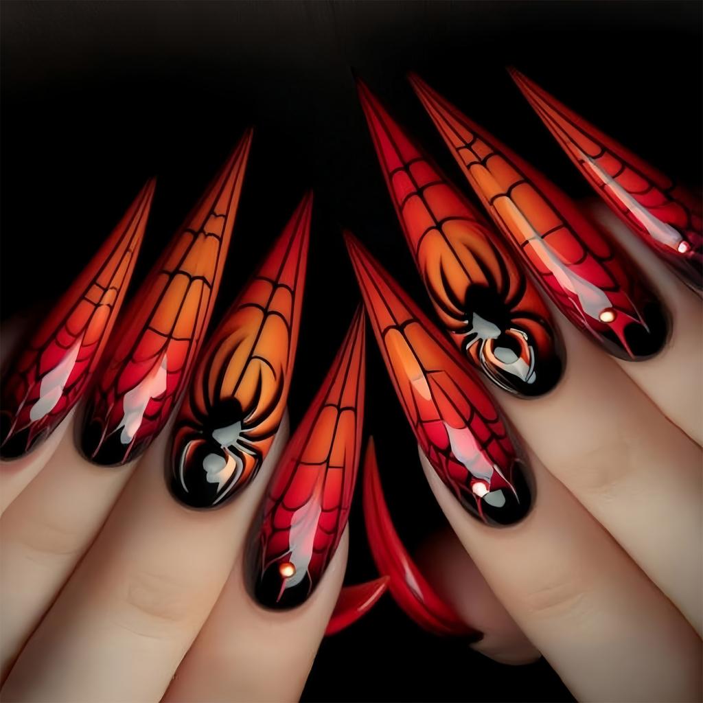 Long Almond Fake Nail Halloween Spiders Web Ghostly Design Lightweight ABS Artificial Nail For Parties Daily Wear