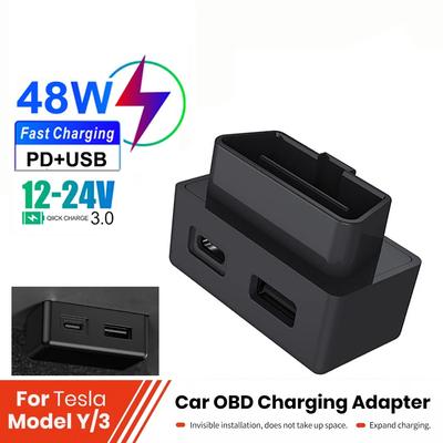 OBD-Stecker für Tesla Model 3 Y X S Anschlusserweiterung Telefon PD Schnellladung USB Typ-C Doppelköpfe Wandadapter 2021-24 Auto AC