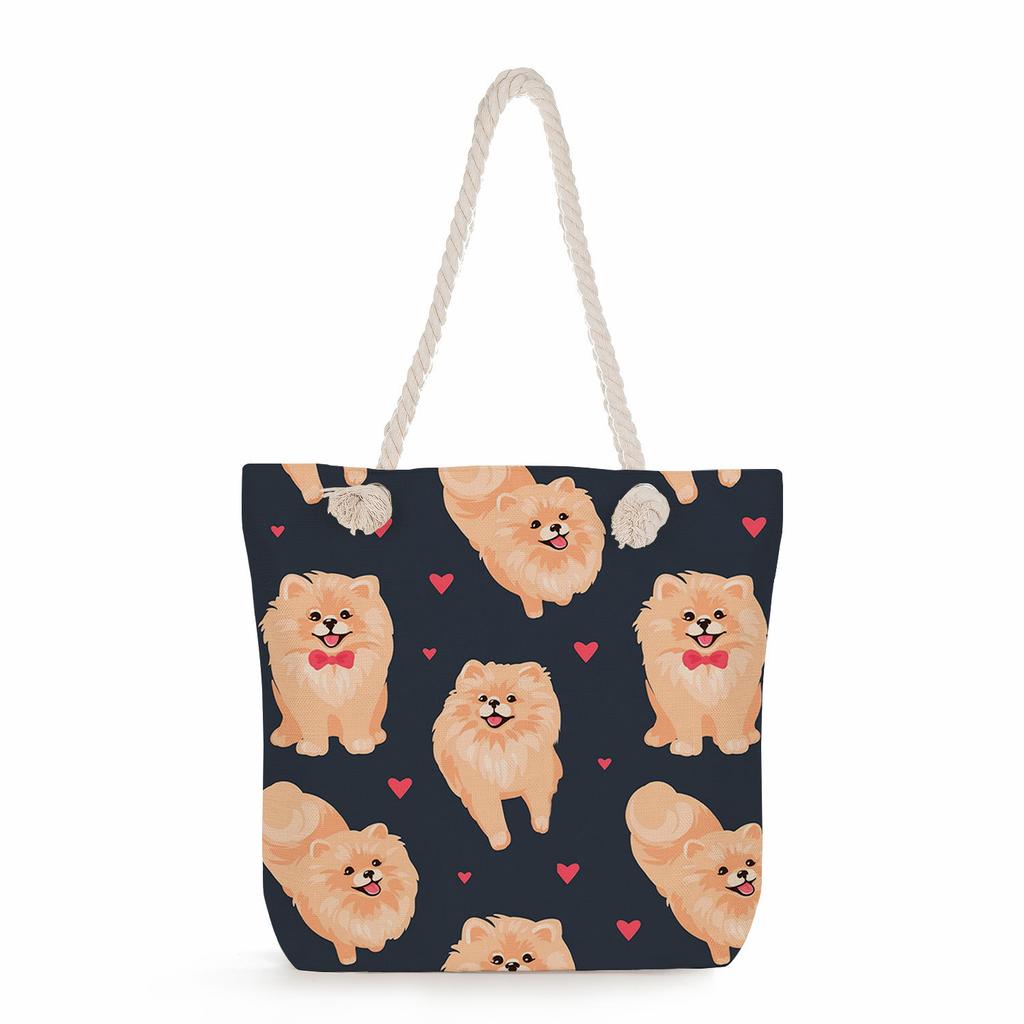 Multifunctional Dog Printed Thick Rope Shoulder Beach Bag Casual Large Capacity Handbag 7620