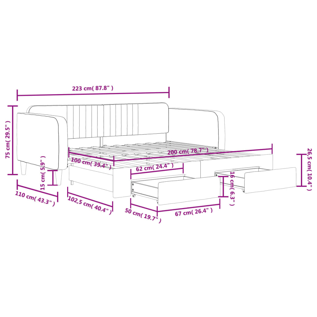 Pull Out Daybed with Drawers Pink 100 X 200 Cm Velvet