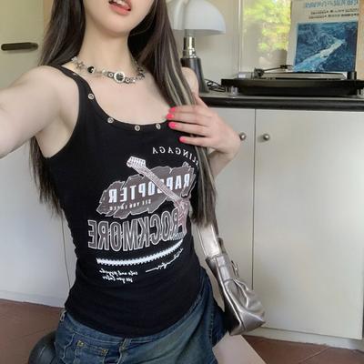 Hauts Y2K pour femmes T-shirts rétro sans manches Débardeur décontracté pour filles noires Streetwear Été Hauts intérieurs