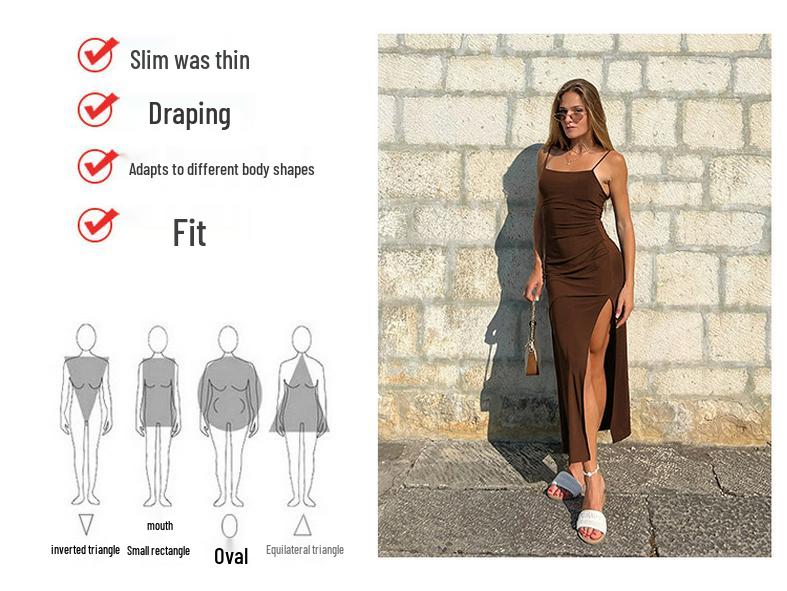 2026 European & American Style Spaghetti Strap Bodycon Dress - Waist-Cinched, Long Skirt with Sexy Slit In Solid Color.