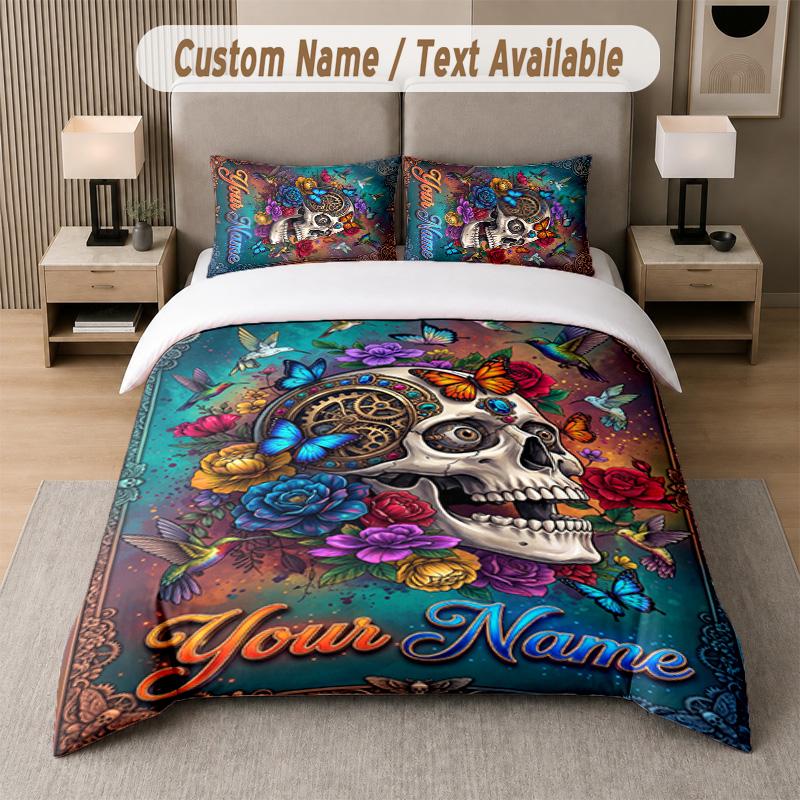 Skull Gothic Theme Custom Text Or Name 3Pcs Bedding Set 1 Flat Sheet & 2 Pillowcases Personalized Home Bedding