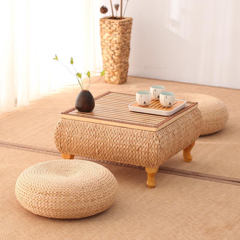 Japanese Style Rattan Side Table Storage Bedside Small Square Coffee Table Balcony Living Room Salon Tea Table