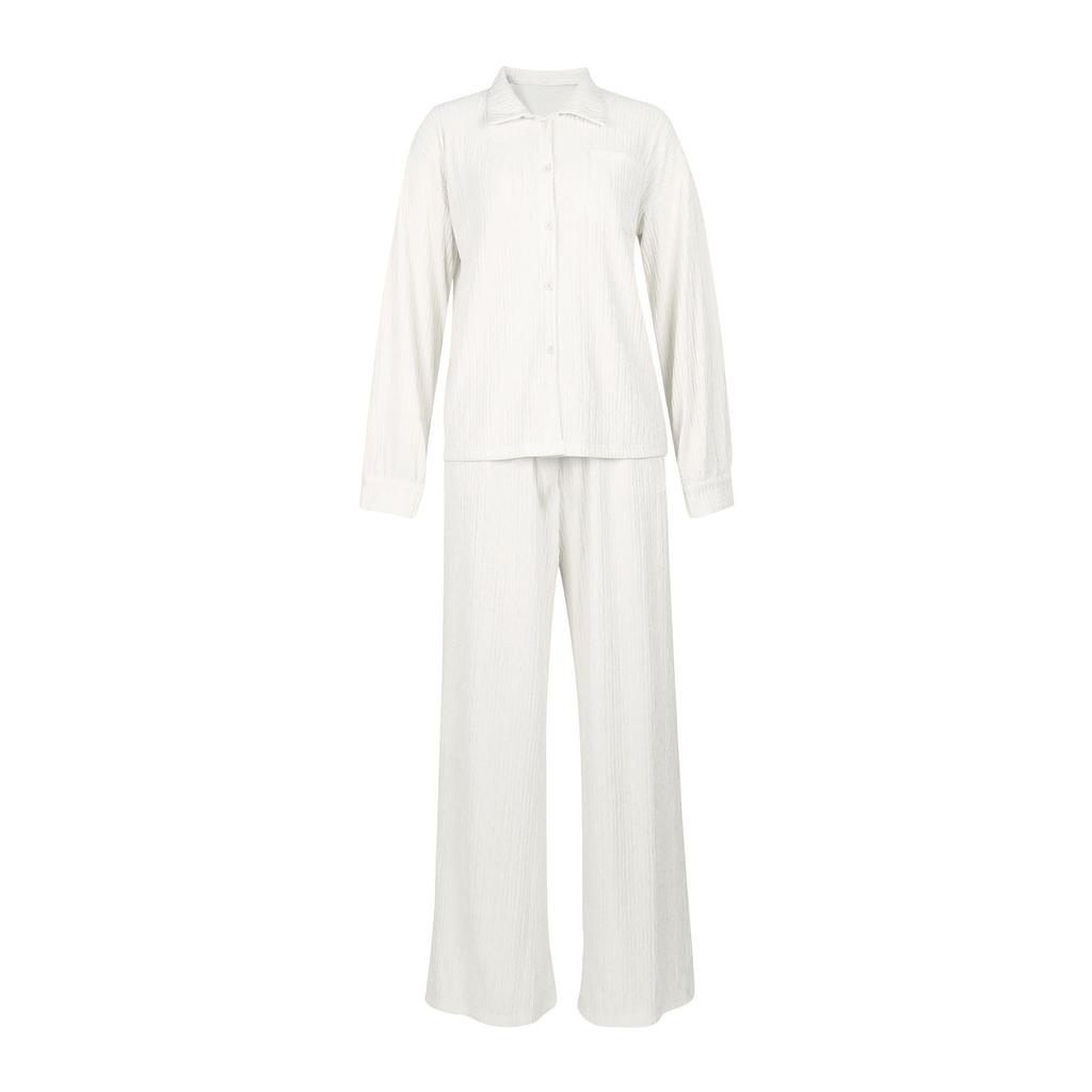 Women's Two-Piece Set: Long Sleeve Pleated Casual Shirt & Elastic Waist Straight Leg Pants