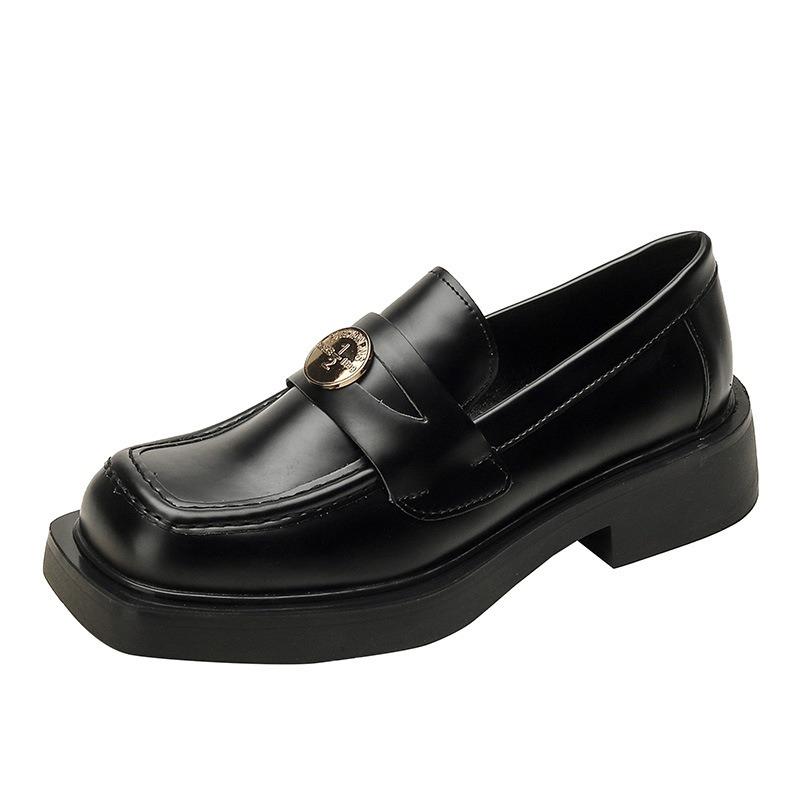 Casual fashion single shoes spring and summer new thick heel flat bottom black thick sole square head soft leather small leather shoes