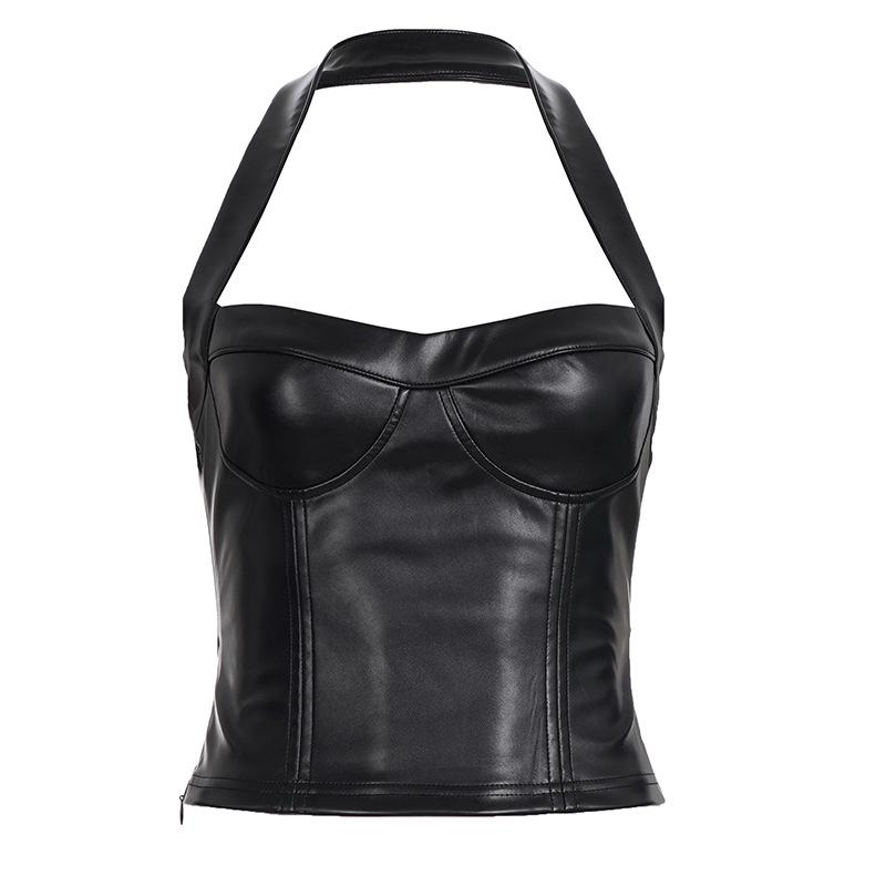 Сексуальный кожаный топ-халтер в уличном стиле - Однотонный, с глубоким вырезом, модная одежда Small