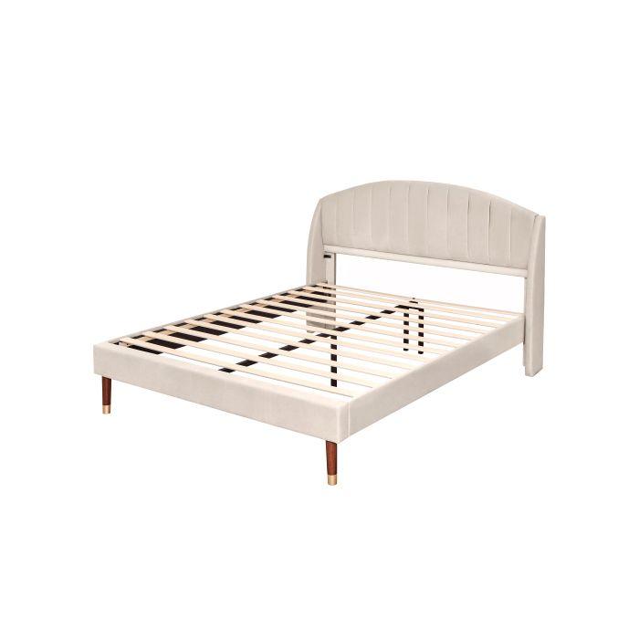 Lit tapissé - MUVOE - 160x200 cm - Velours beige - Montage facile - 2 places