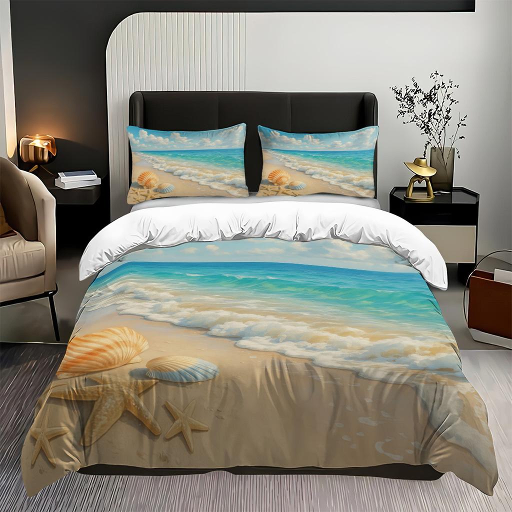 Ocean Theme Quilt Cover Three-Piece Beach Shell 3D Digital Printing Quilt Cover Pillowcase