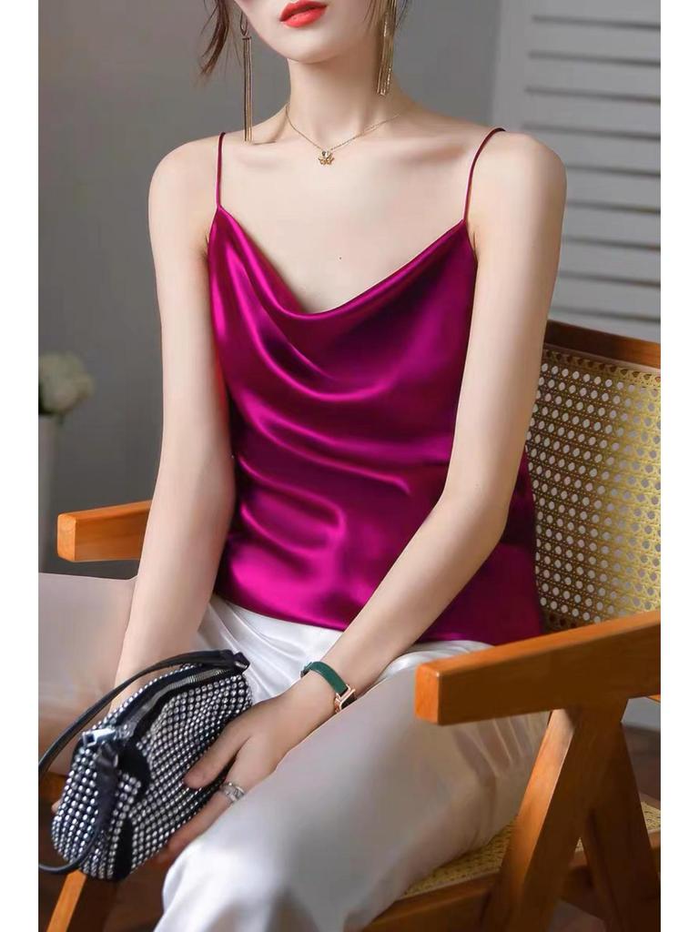 Women's Multicolor Satin Drape Camisole - Elegant Loose Fit with an Acetate Inner Layer