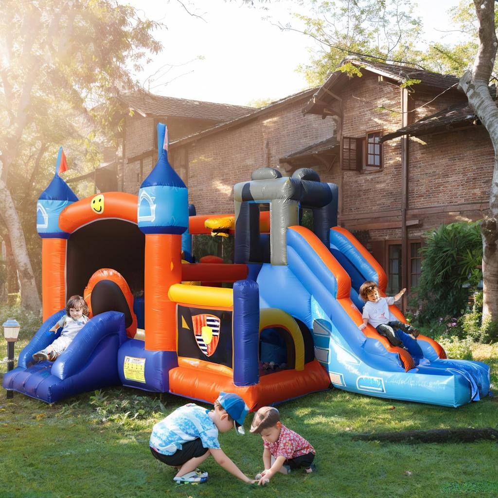 Castillo Inflable para Fiestas Infantiles, Castillo Hinchable con Toboganes y Piscina de Bolas, Juego de Lanzar Anillas, Aro de Baloncesto, Obstáculo