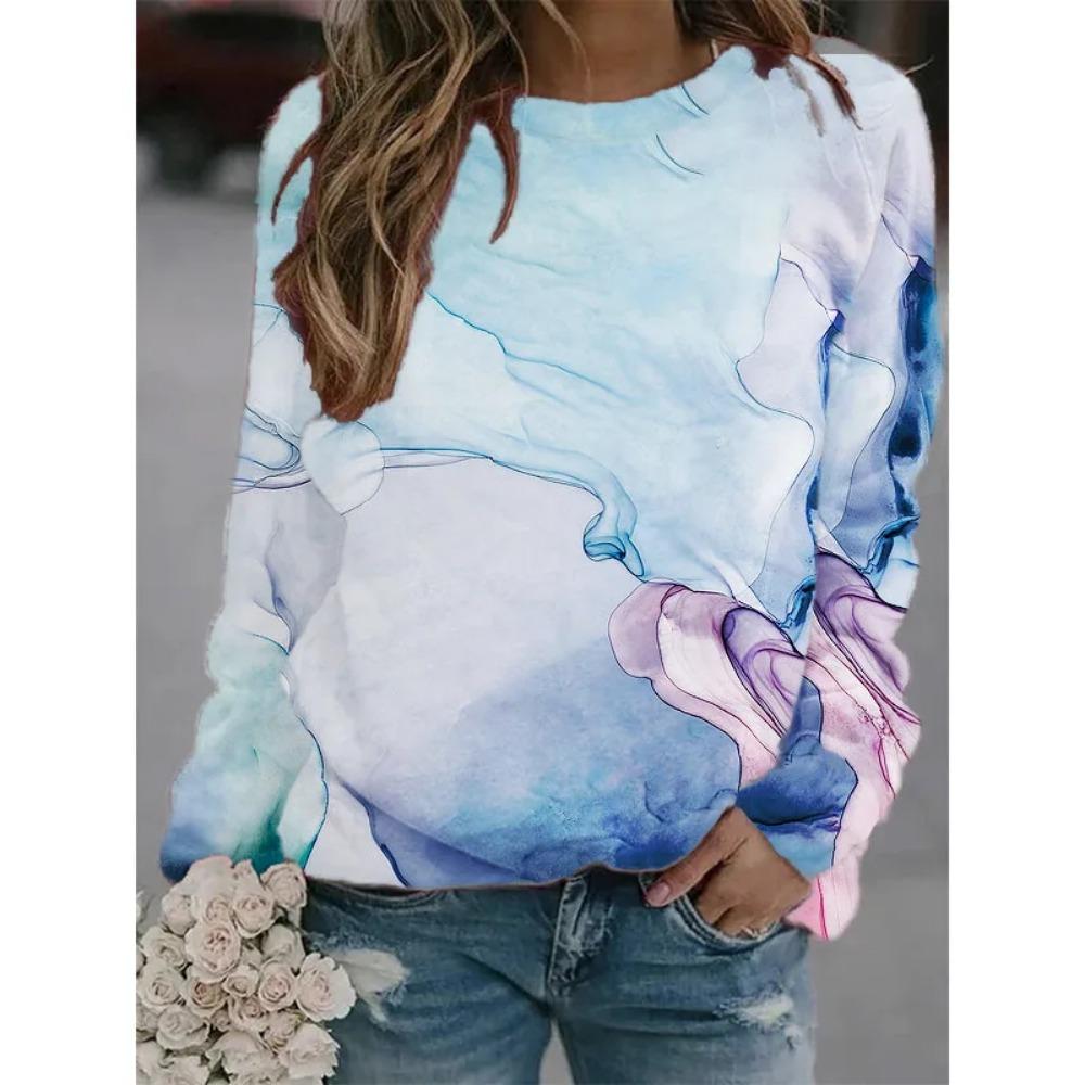 Hot Selling New Marble Texture 3D Printed Women's Casual Round Neck Long Sleeved T-shirt