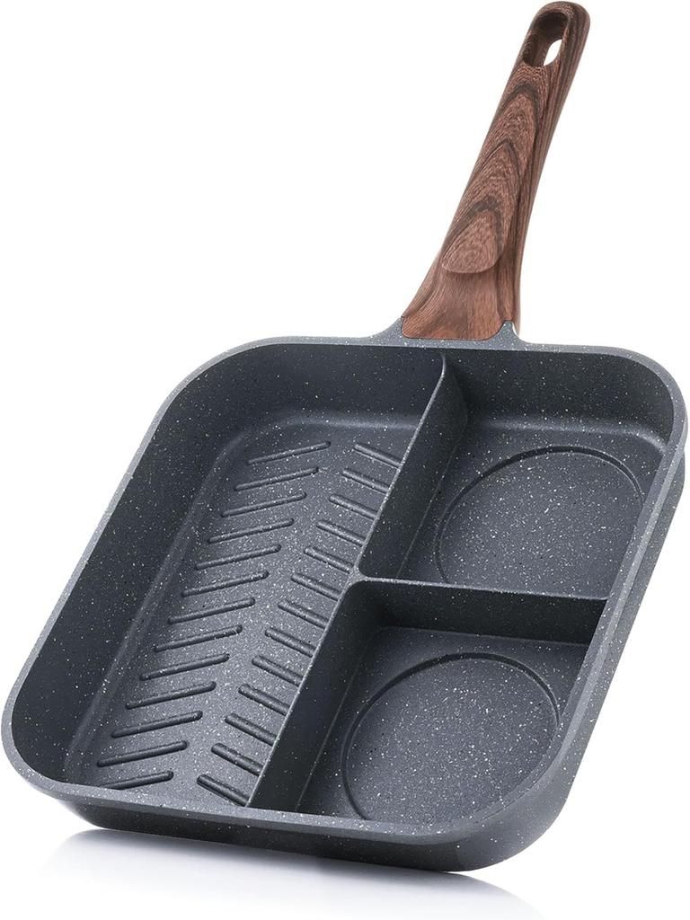 SENSARTE 28cm Frying Pan with Square Frying Gray Marble-Coated Compartments, Induction/Gas/Grill Pan, 3-Compartment Pan, Non-Stick, One-Year Warranty,