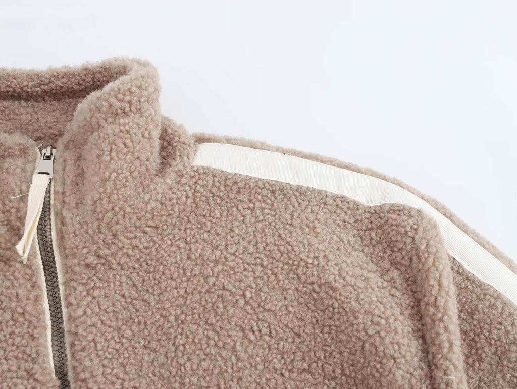 Women's 2024 Winter Camel Lambswool High Neck Zip Jacket with Side Stripe