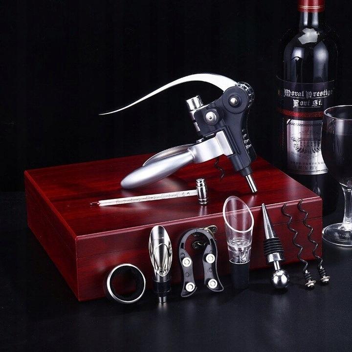 Wine Set In an Elegant Box, Corkscrew, Opener, Thermometer 9 In 1