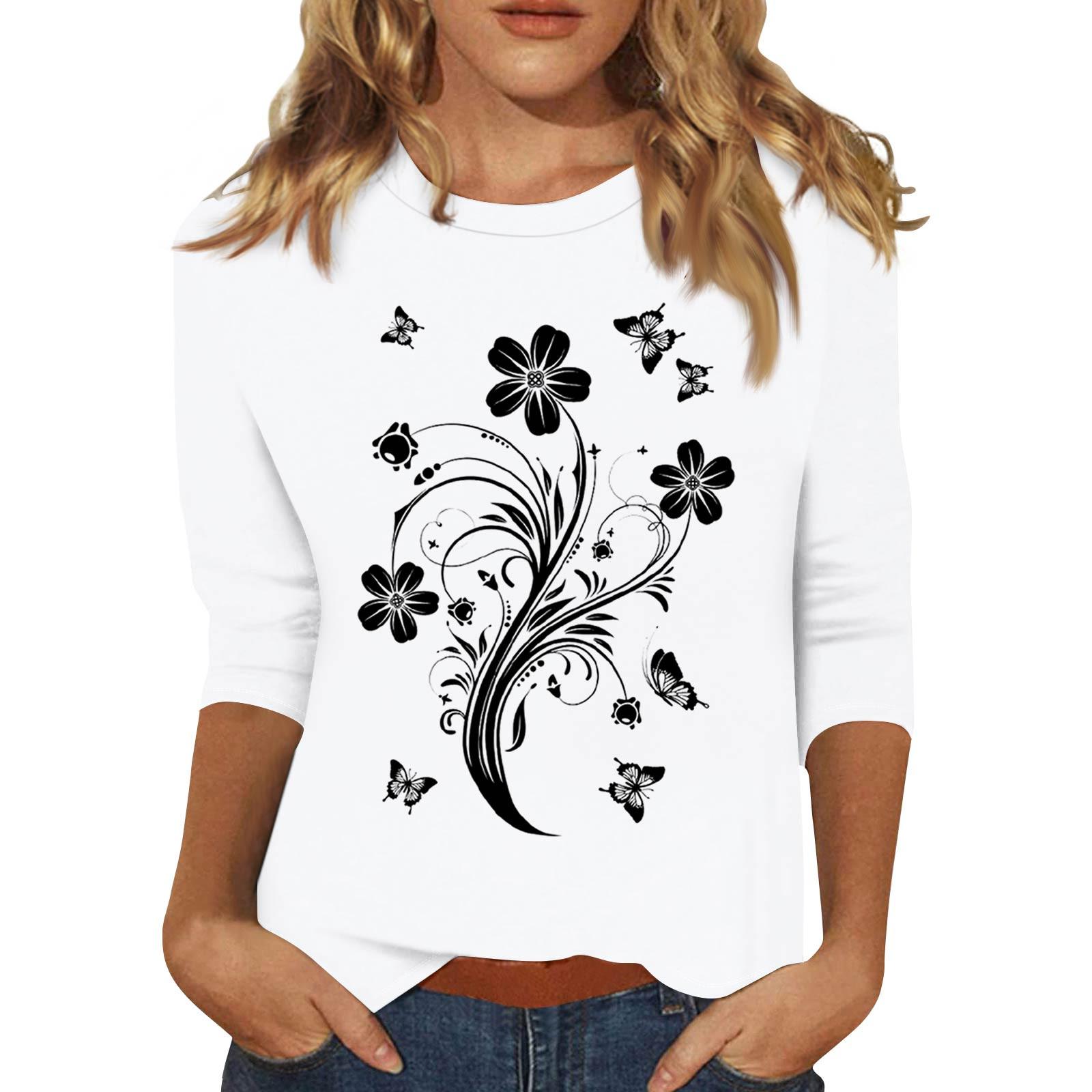 

Жіноча модна повсякденна футболка з принтом і круглим вирізом з рукавами сім чвертей XL білий