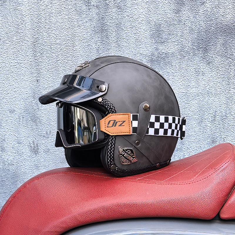 Retro Motorcycle Helmet PU Leather Open 3/4 Chopper Bicycle Helmet CapacetDOT Certification